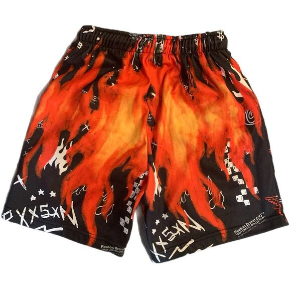 REASON shorts boys medium black red orange flames elastic waist polyester - Picture 2 of 7